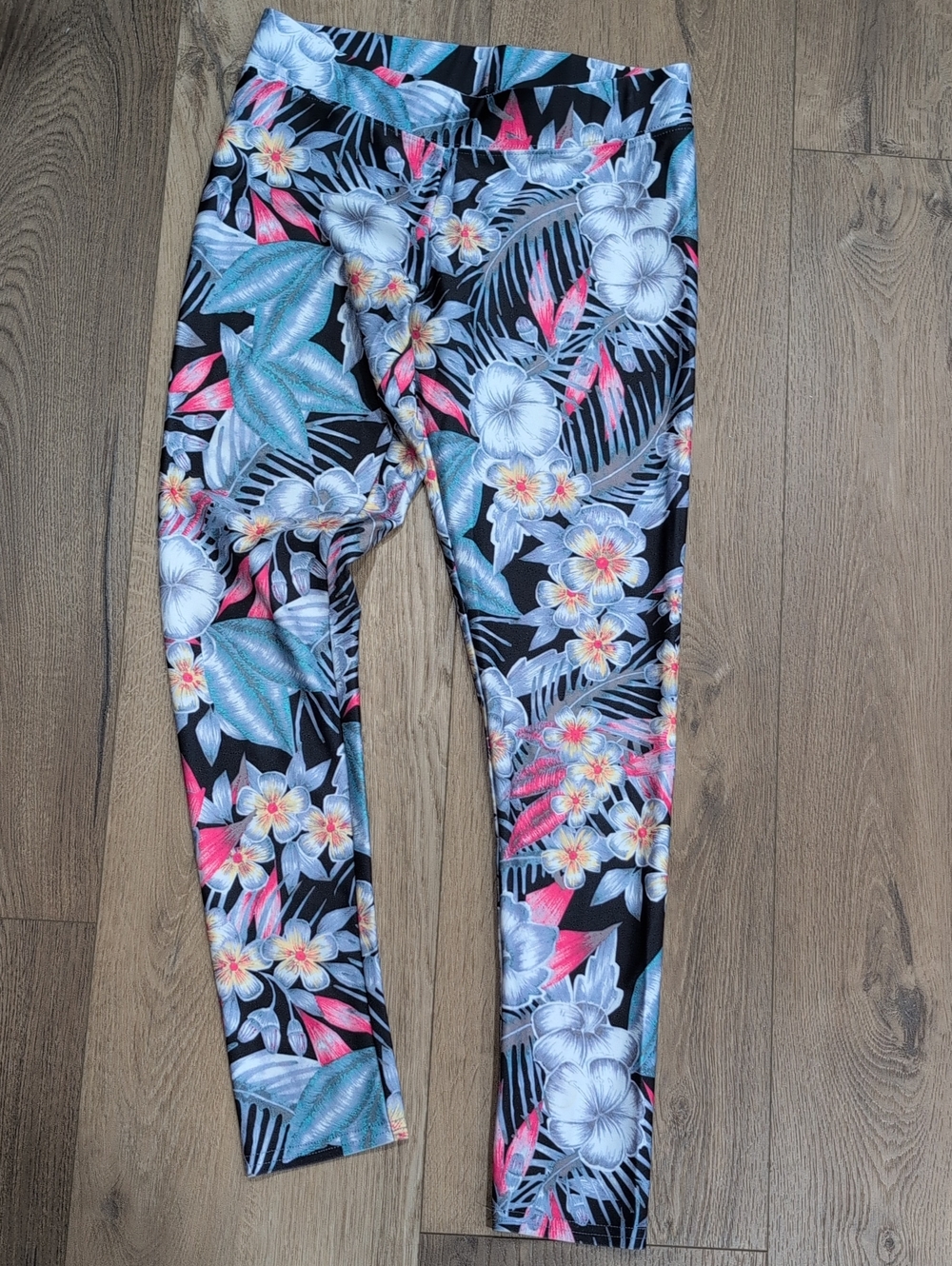 Kids Floral Active Leggings - Black with Pink & Teal